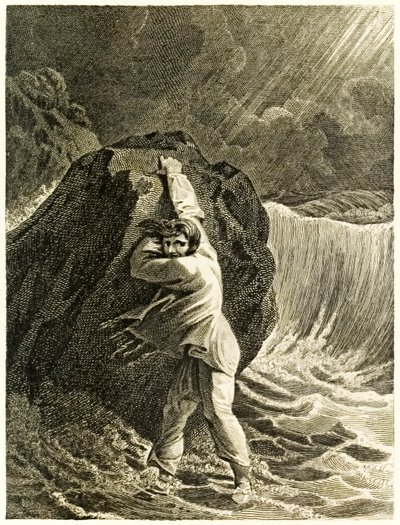 Robinson Crusoe naufragou e se agarrou a uma rocha da vida e estranhas aventuras surpreendentes de Robinson Crusoé, ou York, Mariner de Daniel Defoe de Thomas Stothard