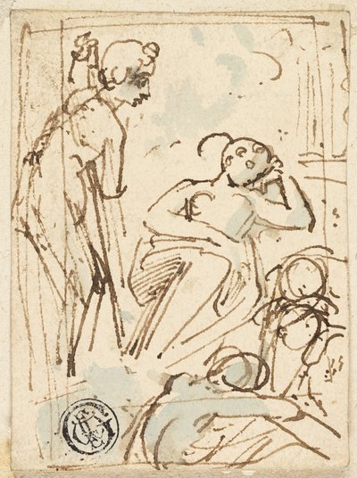 Esboço do homem apoiado na equipe, olhando para a mulher adormecida de Thomas Stothard