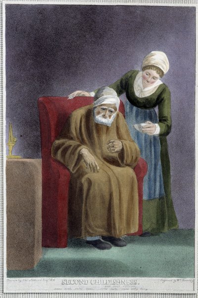 A Segunda Infância (um guarda doente que cuida de um homem muito velho) - em "The 7 Ages of Man" de Shakespeare, doente. por W. Broniley, Londres de Thomas Stothard