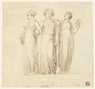 Três Musas (reto); Estudo de cavaleiro e monge para ilustração em romance gótico (verso) de Thomas Stothard
