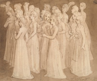 Vinte raparigas jovens num grupo a caminhar para a esquerda de Thomas Stothard