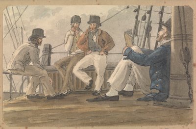 Quatro marinheiros a relaxar no convés, um a ler de Thomas Streatfeild