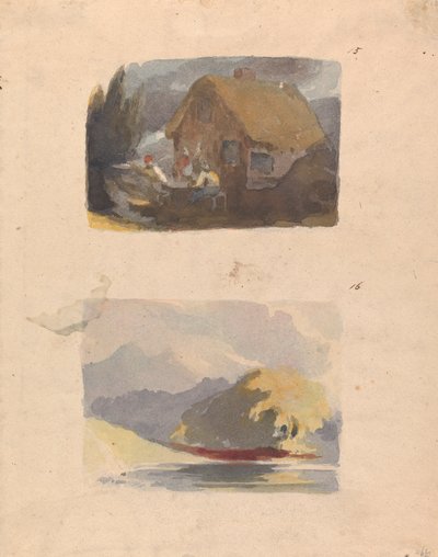 Dois Desenhos em Uma Folha: Casa de campo com figuras em frente (nº 15); Paisagem com rio e montanha - Sol (nº 16) de Thomas Sully