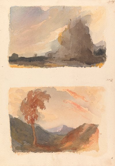Dois Desenhos em Uma Folha: Paisagem com Grande Penhasco em Primeiro Plano - Princípio de Cuyp (nº 3); Paisagem com Árvore em Primeiro Plano, Montanhas em Distância - Princípio de Ambos (nº 4) de Thomas Sully
