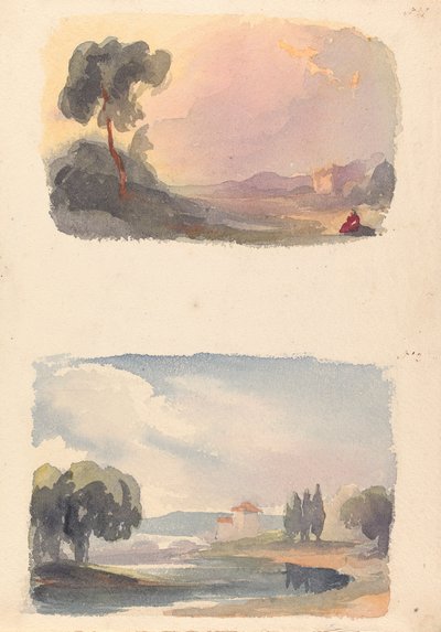 Dois Desenhos em Uma Folha: Paisagem com montanhas à distância e figuras sentadas em primeiro plano (n.º 1); Paisagem com rio e edifício, montanhas à distância (n.º 2) de Thomas Sully