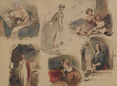 [Untitled] (Six Figure Studies), c.1830s (tinta de fel de ferro & wc em papel envelhecido antigo bege, de peso médio, moderadamente texturizado) (reto) de Thomas Sully