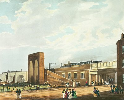 Entrada em Manchester pela rua Water, gravada por Henry Pyall (1795-1833), publicada por Ackermann und Co., 1831 (colorida aquatinta) de Thomas Talbot Bury