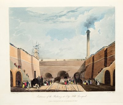 Entrada, de, a, estrada ferro, em, borda, colina, liverpool, 1831, (hand, colorido, engraving) de Thomas Talbot Bury