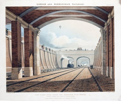 Vista, levado, de, sob, a, ponte estrada hampstead, olhar, direção, a, estação, em, Euston, quadrado, 1837, (hand, colorido, engraving) de Thomas Talbot Bury