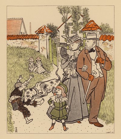 Família a passear e a ver o seu cão a morder um ouriço sujo na perna (litografia a cores) de Thomas Theodor Heine