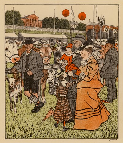Família a visitar um espetáculo agrícola (litografia a cores) de Thomas Theodor Heine