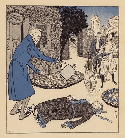 Homem a tentar reanimar a mulher depois de esta ter desmaiado (litografia a cores) de Thomas Theodor Heine