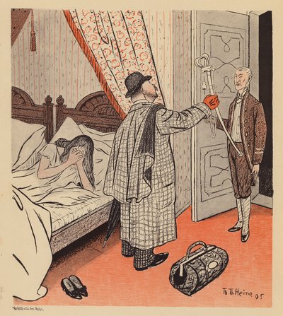 Homem descobre que a sua mulher está a ter um caso com um soldado (litografia a cores) de Thomas Theodor Heine