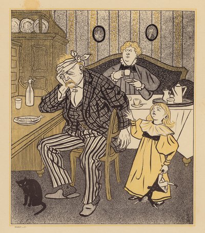 Homem a curar uma ressaca depois de se ter excedido na noite de Carnaval (litografia a cores) de Thomas Theodor Heine