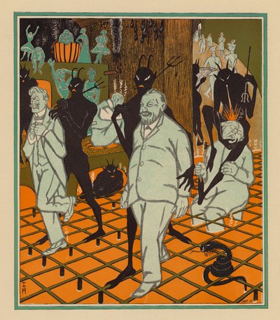 Sem filhos e sem música: um pai que pensa que estar no inferno não é assim tão mau (litografia a cores) de Thomas Theodor Heine