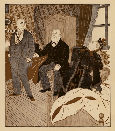 Os pais visitam o filho na sua casa de estudantes e descobrem um gancho de cabelo de rapariga na sua cama (litografia a cores) de Thomas Theodor Heine