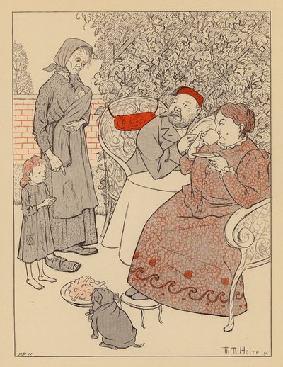 Mulher pobre pergunta se ela e o seu filho podem comer os restos da refeição de um cão (litografia a cores) de Thomas Theodor Heine