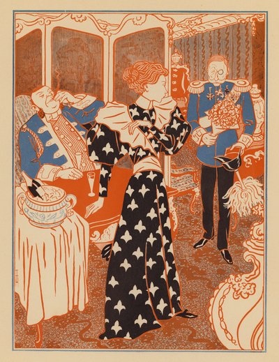 Princesa rejeita um pedido de casamento porque está noiva do cocheiro do seu pretendente (litografia a cores) de Thomas Theodor Heine