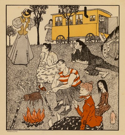 Mulher desesperada por encontrar o marido a viver com ciganos (litografia a cores) de Thomas Theodor Heine
