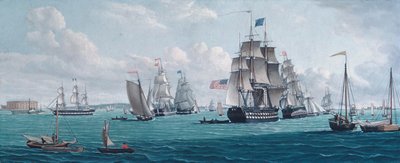 O navio americano Franklin, com vista para a baía de Nova Iorque, anos 1820 ou 1830. de Thomas Thompson