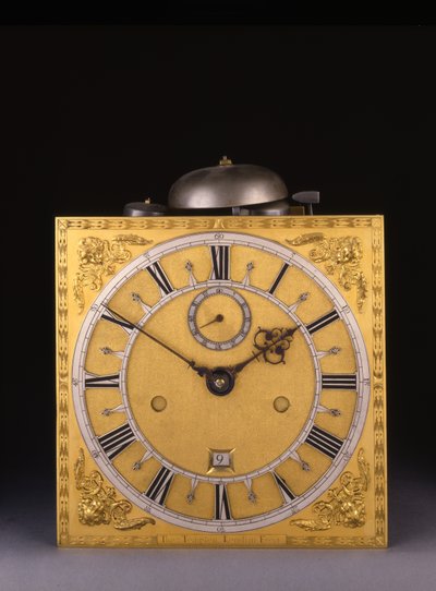 Detalhe de um impressionante relógio de caixa longa de um mês romano Carlos II, 1675 de Thomas Tompion