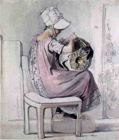 A Girl Lacemaking (aguarela e lápis sobre papel) de Thomas Unwins