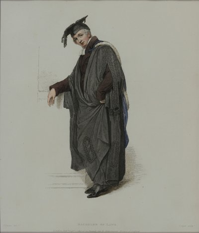 Bacharel em Direito, gravado por J. Agar, publicado em "História de Oxford" de R. Ackermann, 1813 (gravura colorida à mão) de Thomas Uwins