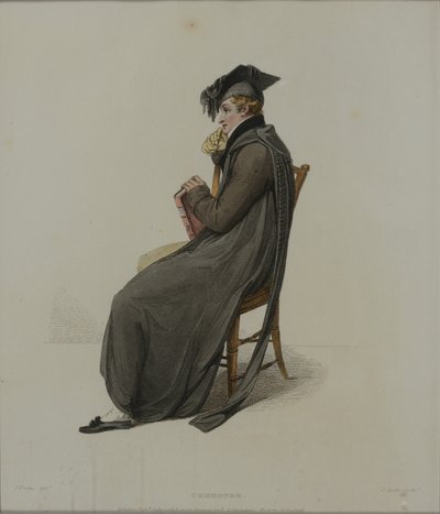 Commoner, gravado por J. Agar, publicado em "História de Oxford" de R. Ackermann, 1813 (gravura colorida à mão) de Thomas Uwins