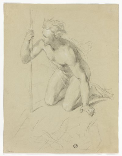 Homem nu ajoelhado, segurando um bastão (anverso); Panorama alpino (verso) de Thomas Uwins