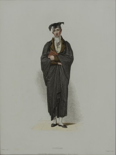 Estudioso, gravado por J. Agar, publicado em "História de Oxford" de R. Ackermann, 1814 (gravura à mão colorida) de Thomas Uwins