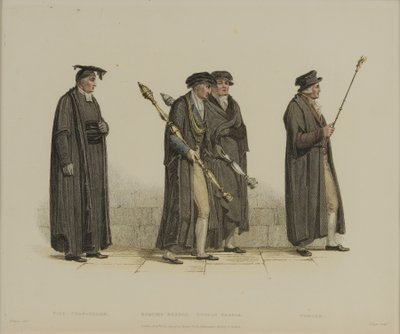 Vice-Chanceler, Esquire Beadle, Yeoman Beadle, Verger, gravado por J. Agar, publicado em R. Ackermann&39;s "History of Oxford", 1813 (gravura colorida à mão) de Thomas Uwins