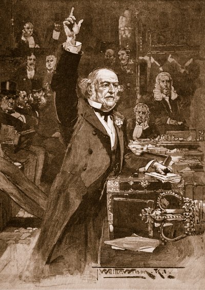 Introdução do projeto Home Rule: o Sr. Gladstone entregando sua ilustração de peroration, 1886, de "História Ilustrada de Cassell da Inglaterra" (foto sépia) de Thomas Walter Wilson