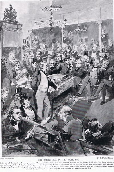 Sir Robert Peel na casa, 1846, ilustração da "Hutchinson&39;s Story ofthe British Nation", c.1923 de Thomas Walter Wilson