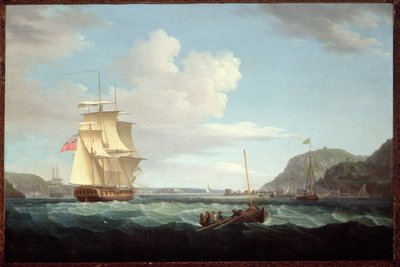 Uma fragata britânica com um Longboat fora do promontório de Gallows Hill, Broad Bay, Ilha de Lewis, Hebrides de Thomas Whitcombe