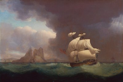 A Two Decker e outros navios em clima de tempestade ao largo de Gibraltar de Thomas Whitcombe