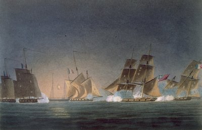 HMS Rinaldo envolvendo quatro soldados franceses, gravados por J. Bailey para "A Cronologia Naval da Grã-Bretanha", de J. Ralfe, publicado em 1820 de Thomas Whitcombe