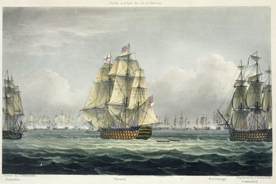 HMS Victory navegando para a linha francesa ladeada por Euryalus e HMS Temeraire na Batalha de Trafalgar, em 21 de outubro de 1805, gravada por T. Sutherland para &39;The Naval Chronology of Great Britain&39; de Thomas Whitcombe