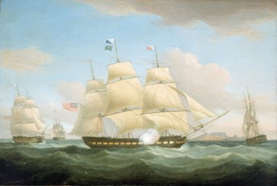 Os navios comerciais da Companhia das Índias Orientais "Minerva", "Scaleby Castle" e "Charles Grant", ao largo da Cidade do Cabo (Cape Town), África do Sul, com a Montanha da Mesa visível no horizonte de Thomas Whitcombe