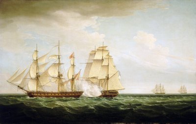 As manobras de combate do navio britânico "Pearl" (ao centro) contra o navio espanhol "Santa Monica" (à esquerda), ao largo dos Açores (ilhas portuguesas no Oceano Atlântico), 14 de setembro de Thomas Whitcombe
