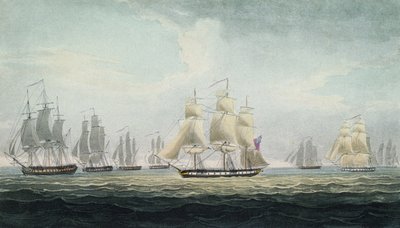 A manobra naval de Sir Graham Moore (1764-1843), comandante da esquadra de quatro fragatas da Marinha Real Britânica, que capturou uma frota de tesouros espanhola, ao largo de Cádis, Espanha, em 5 de outubro de Thomas Whitcombe