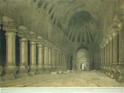 Interior de um Templo Hindu Escavado na Ilha de Salsette, placa 63 de "Cenário Oriental": Twenty Four Views in Hindoostan