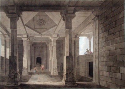 Parte do Interior de um Templo Hindoo no Deo, em Bahar, placa VI de "Oriental Scenery", publicado em 1800 (aquatint colorido) de Thomas und William Daniell