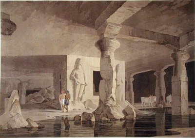 Parte do Templo do Elefanta, placa VIII do "Cenário Oriental", publicado em 1800 (aquatint colorido) de Thomas und William Daniell