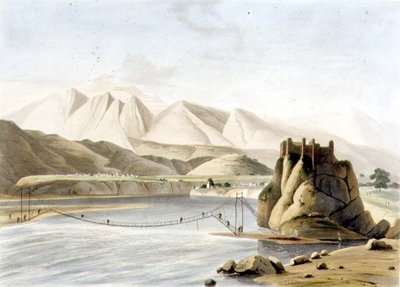 A Ponte de Corda em Sirinagur, placa XXIII da Parte 6 de "Cenário Oriental", pub. 1805 (aquatint) de Thomas und William Daniell