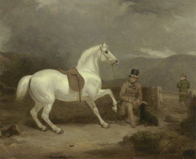 Gray Shooting Pony do Sr. Johnstone King esperando com um noivo em um mouro escocês de Thomas Woodward