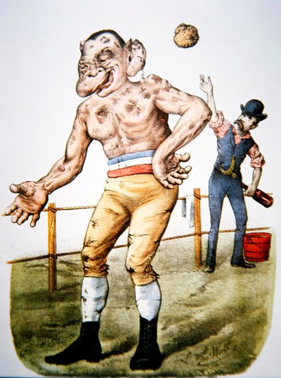 "The Loser" ou "Throwing-in the sponge", desenho animado de luta de prémios publicado por Currier & Ives em 1883 (cor litho) de Thomas Worth
