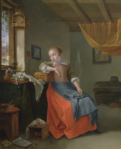 Uma mulher sentada em um Interior Olhando para fora da janela de Thomas Wyck