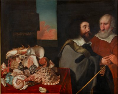 John Tradescant the Younger com Roger Friend e uma coleção de conchas exóticas, 1645 de Thomas de Critz