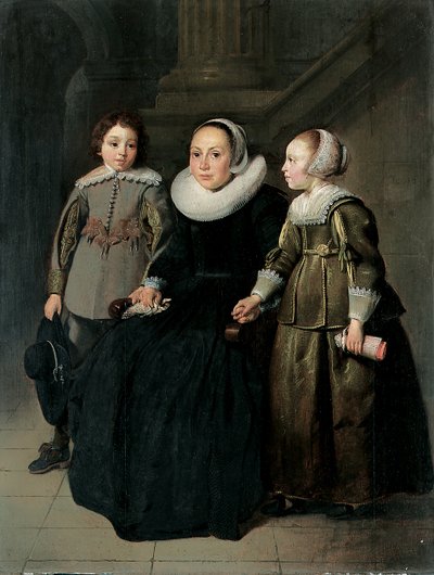 Retrato de uma senhora, de corpo inteiro, sentada, em um vestido preto com babado branco e boné, segurando um lenço, com o filho em um gibão cinza e a filha em um vestido verde, 1635 de Thomas de Keyser
