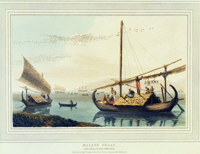 Malaye Proas, prato 17 de &39;Uma viagem pitoresca à Índia&39;, 1810 (aquatint) de Thomas und William Daniell